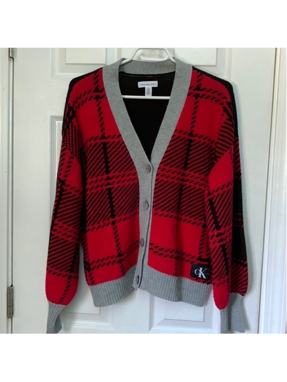 Calvin Klein red black plaid cardigan sweater small